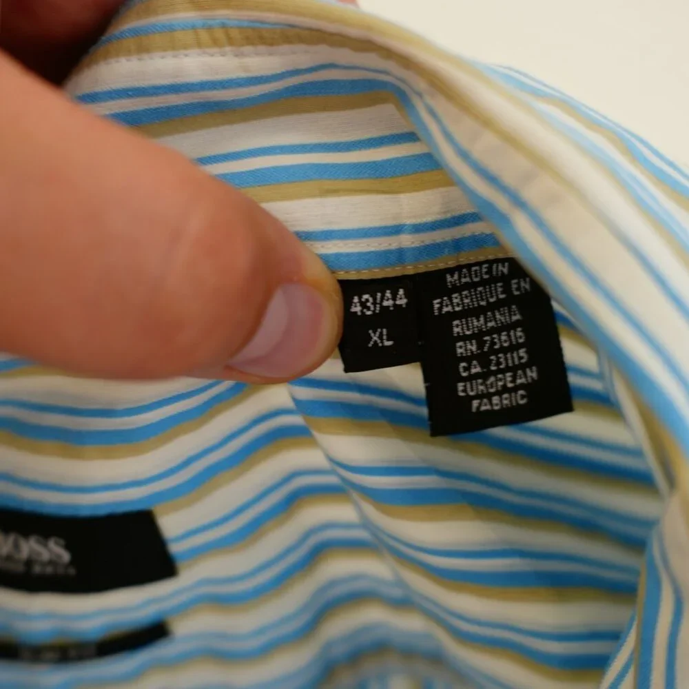 Hugo Boss Slim Fit Blue Tan‎ White Striped XL Collared Dress Shirt Long Sleeve - Picture 9 of 10